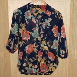 Depri Womens Blue Floral Semi Sheer Tunic Blouse Medium